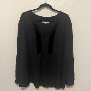 LOFT Womens Blouse Black Plus Size 26 Textured Velvet Panel Long Sleeves